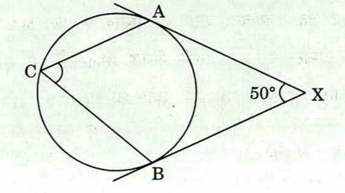 A circle with an external point X to its right. Two tangents from X touch the circle at A (upper left of X) and B (lower left of X); the angle between them at X is marked 50^\circ. C is a point on the circle at the far left. Chords CA and CB are drawn, and the angle at C (i.e. \angle ACB) is marked with an arc. CA is parallel to XB. Both tangent lines are drawn extending a little beyond their points of contact.