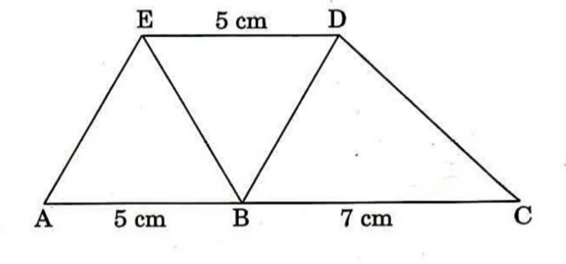 Points A, B, C lie on a horizontal base line with AB labelled 5 cm and BC labelled 7 cm. Points E and D lie on a horizontal line above it with ED labelled 5 cm; E is above the segment AB and D is above the segment BC. Segments AE, EB, BD and DC are drawn, forming triangle ABE, triangle EBD and triangle BCD.
