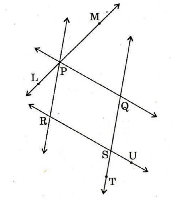Five straight lines, each drawn with an arrowhead at both ends. Four of them bound a parallelogram PQSR, with P at the top left, Q at the right, S at the bottom and R at the left: the line through P and Q is parallel to the line through R and S, and the line through P and R is parallel to the line through Q and S, each of the four extending beyond both vertices it passes through. The fifth line passes through P alone and carries the point L on it below and to the left of P and the point M on it above and to the right of P, so L, P, M are collinear and the rays PR and PQ both lie between the rays PL and PM; the three angles \angle LPR, \angle RPQ and \angle QPM therefore make up the straight angle at P. The point U is marked on the extension of RS beyond S and the point T on the extension of QS beyond S, so \angle UST is vertically opposite the parallelogram's interior angle \angle RSQ. No angle values are printed in the figure.