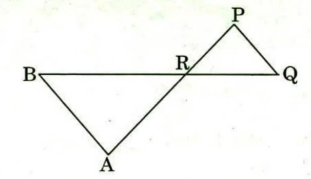 Two triangles in a bow-tie arrangement sharing the vertex R. A horizontal line runs from B at the left to Q at the right, with R marked on it nearer to Q. Below the line, A is joined to B and to R, forming triangle ABR. Above the line and to the right, P is joined to R and to Q, forming triangle PQR. The points A, R and P are collinear, so the two triangles meet at R with vertically opposite angles.