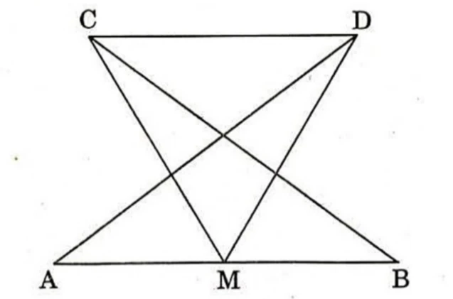 C at the top left and D at the top right, with A at the bottom left, M at the bottom middle and B at the bottom right. Segments CD, CA, CM, CB, DA, DM and AB are drawn, so that CB and DA cross to form an X between the top and bottom edges.