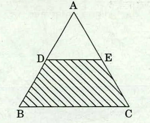 An equilateral triangle with apex A at the top, B at the bottom left and C at the bottom right. D is the mid-point of AB and E is the mid-point of AC; the segment DE is drawn horizontally, parallel to BC. The lower trapezium DECB (between DE and BC) is filled with diagonal hatching; the upper triangle ADE is left unshaded.