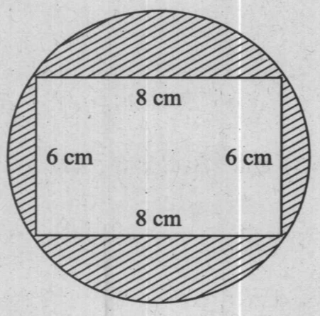 A circle with a rectangle inscribed inside. The rectangle has dimensions 8 \text{ cm} horizontally and 6 \text{ cm} vertically. The region between the circle and the top and bottom sides of the rectangle is shaded. The region between the circle and the left and right sides is unshaded.