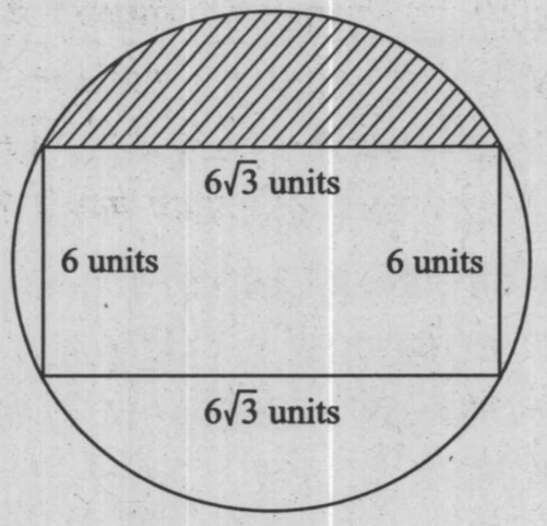 A rectangle inscribed inside a circle. The top side is labeled 6\sqrt{3} \text{ units} and the left side is labeled 6 \text{ units}. The bottom side is 6\sqrt{3} \text{ units} and the right side is 6 \text{ units}. The region of the circle above the top side of the rectangle is shaded.