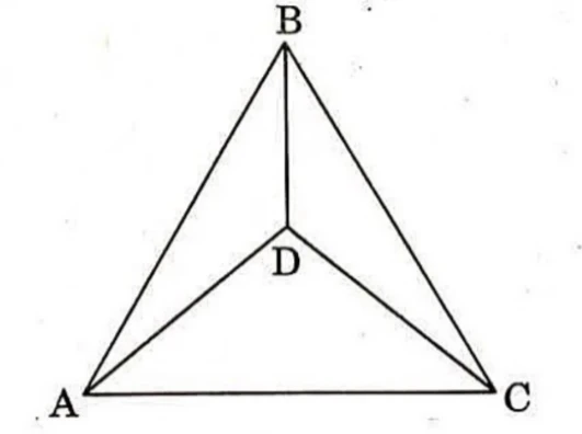 Triangle ABC with B at the apex, A at the bottom left and C at the bottom right. An interior point D lies below B on the line from B towards the base. Segments BD, AD and DC are drawn.