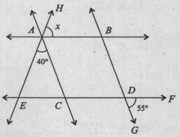 Two horizontal parallel lines, the top one contains points A and B, the bottom one contains points E, C, and D. A line passes through E and A, extending to H. Another line passes through C and B, extending upwards. Another line passes through D and A. The angle between EA and AC is 40^\circ. The angle at D is 55^\circ. The angle between AH and AB is x.