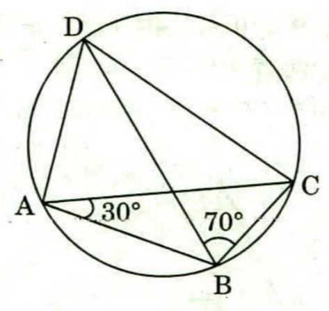 A circle with four points on it: D at the top left, C at the right, B at the bottom and A at the left. The chords DA, DB, DC, AC and BC are drawn, so that AC and DB cross inside the circle. The angle at A between AC and AB is marked 30^\circ, and the angle at B between BD and BC is marked 70^\circ.