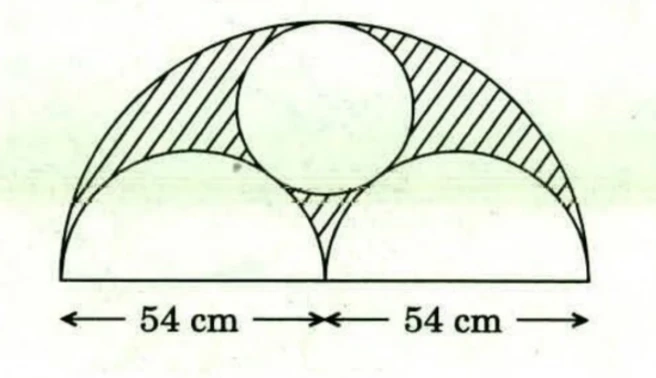 A large semicircle standing on a horizontal diameter, with the diameter divided at its mid-point into two equal parts each marked 54 cm by arrowed dimension lines below. On each 54 cm part a smaller semicircle is drawn upward, the two of them sitting side by side inside the large one. A full circle rests in the space above the two small semicircles, touching both of them and the large semicircular arc. The region inside the large semicircle but outside the two small semicircles and outside the circle is hatched.