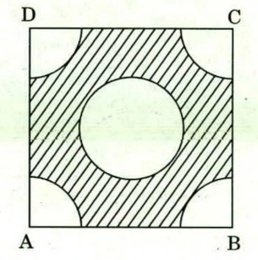 A square with D at the top left, C at the top right, A at the bottom left and B at the bottom right. A quarter-circle of radius 1 cm is removed at each of the four corners, leaving rounded notches. A full circle of diameter 2 cm is removed from the centre of the square. The remaining region of the square is hatched with diagonal lines.