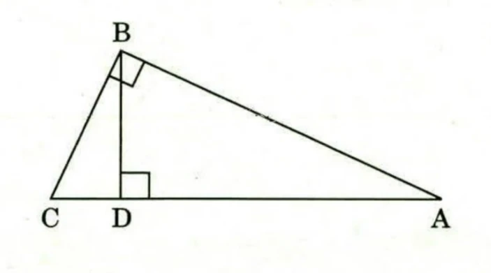 Triangle ABC drawn with the long side CA horizontal at the bottom, C at the left and A at the right, and the vertex B above the left part of that side. The angle at B is marked with a small square showing AB is perpendicular to BC. D is the foot of the perpendicular from B to CA, marked with a small square at D; D lies on CA between C and A, close to C.